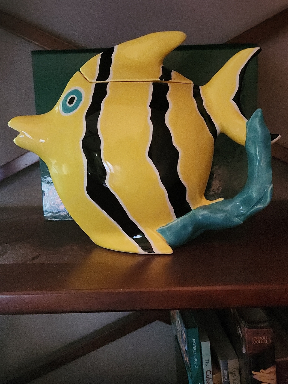 Yellow Ceramic Fish Cookie Jar with Black Stripes and Teal Accent